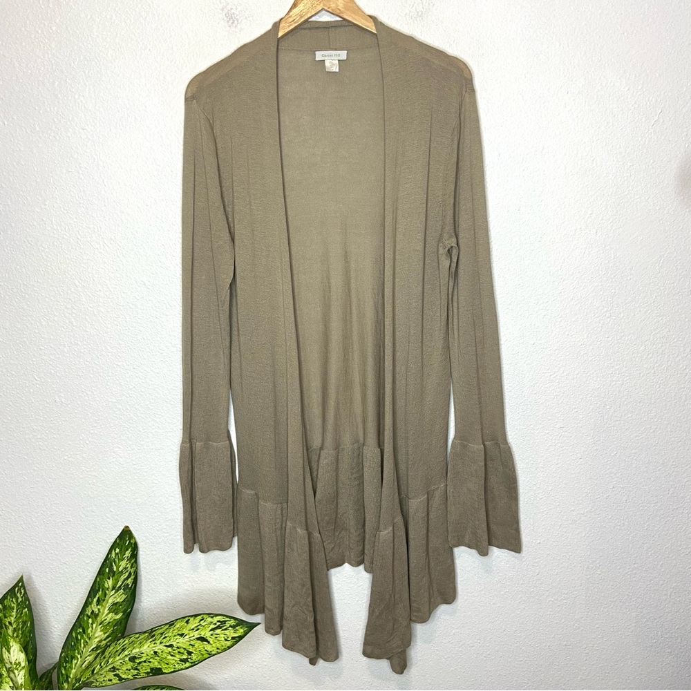 Garnet Hill Women’s Medium Long Line Cardigan Sweater Tan‎ Cream Waterfall Hem